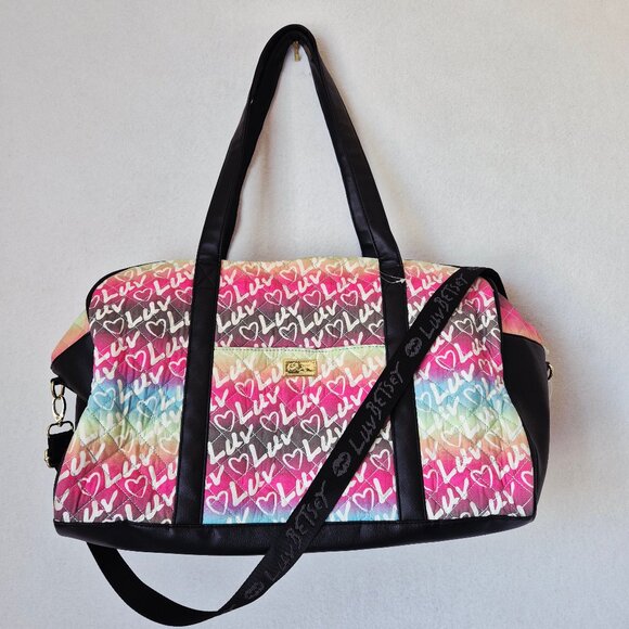 NWoT Luv Betsey Johnson Hearts Tie-Dye Graffiti Rainbow Weekender Duffel - Picture 1 of 16